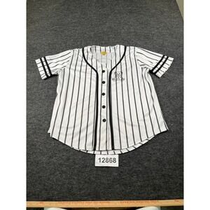 Cult Favorite Baseball Jersey Mens Large White Black Striped Mesh Brooklyn Bear